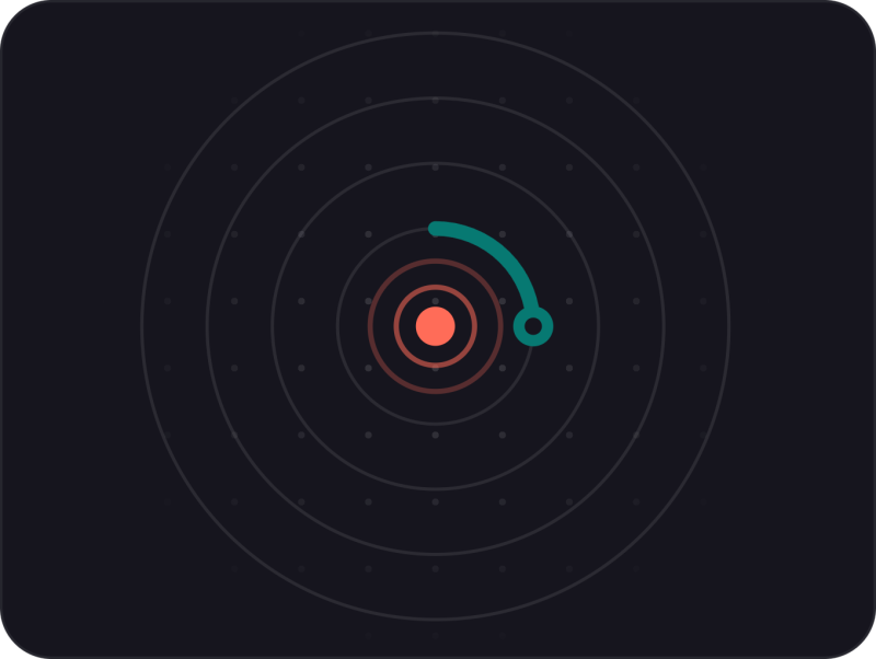 Circular radar-style diagram with concentric rings, red centre point, and teal needle indicating stage one of a process.